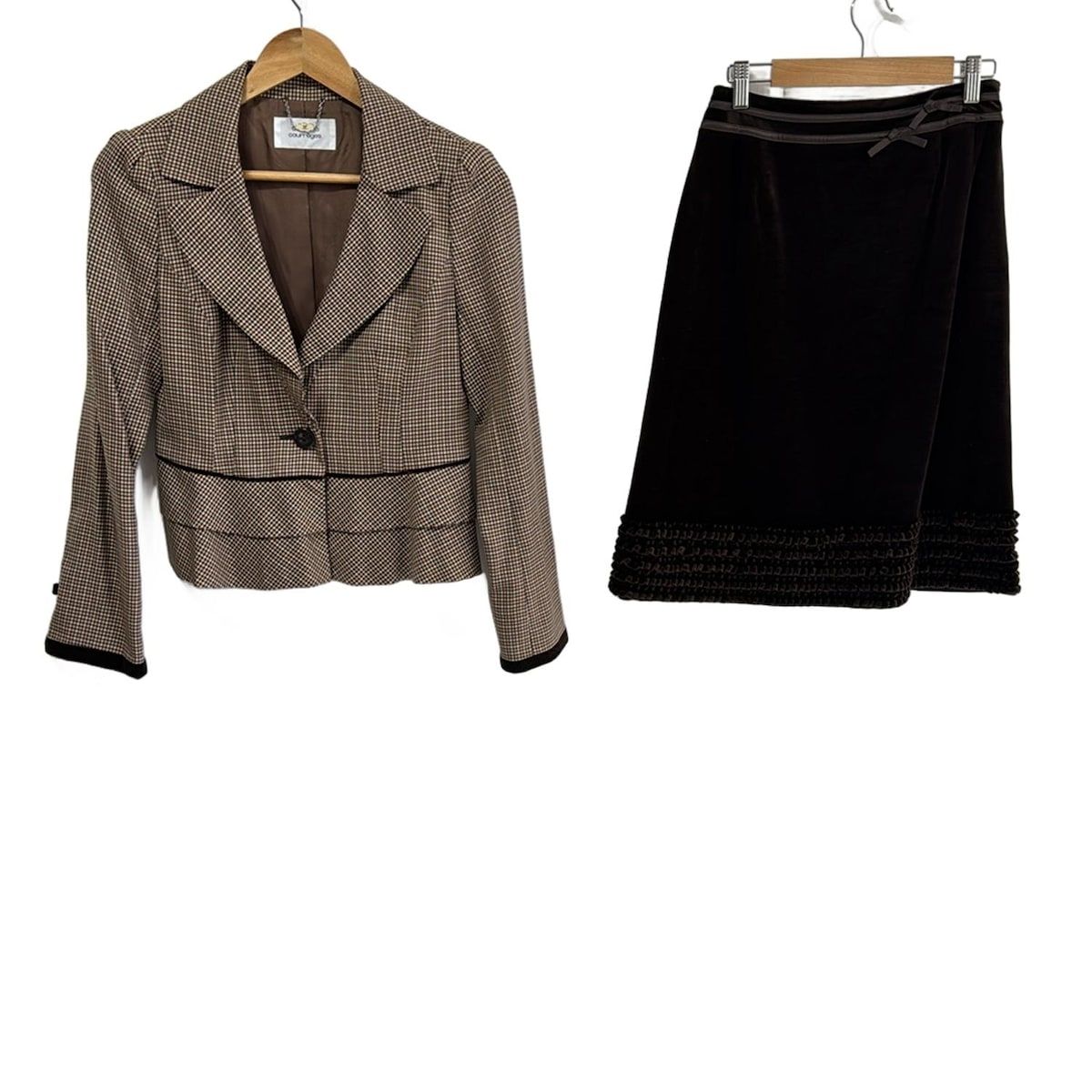 COURREGES クレージュ スカートスーツ レディース - ベージュ×ピンクベージュ×マルチ ベロア チェック柄