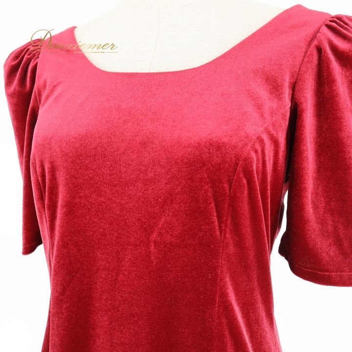 フラダンス 衣装 ワンピース ドレス レッド系 パンドール ハワイアン アロハ フラ ダンス レッスン 練習 Paondor 赤 ワインレッド ベロア 光沢 感 無地 シンプル ワン パフスリーブ 上品 大人っぽい 華やか 鮮やか フォーマル