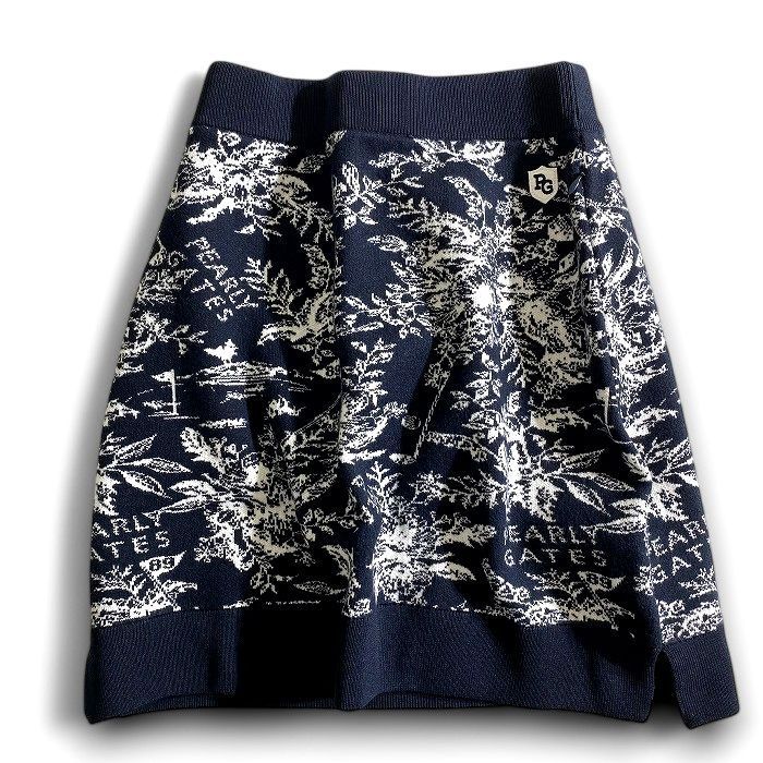 PEARLY GATES パーリーゲイツ ゴルフ ウォームコットン リブ切替 花柄 ストレッチ ミニスカート ニットスカート ゴルフウェア レディース 055-2234918 定価3.5万 ネイビーブラック ホワイト 039 50507 w 03
