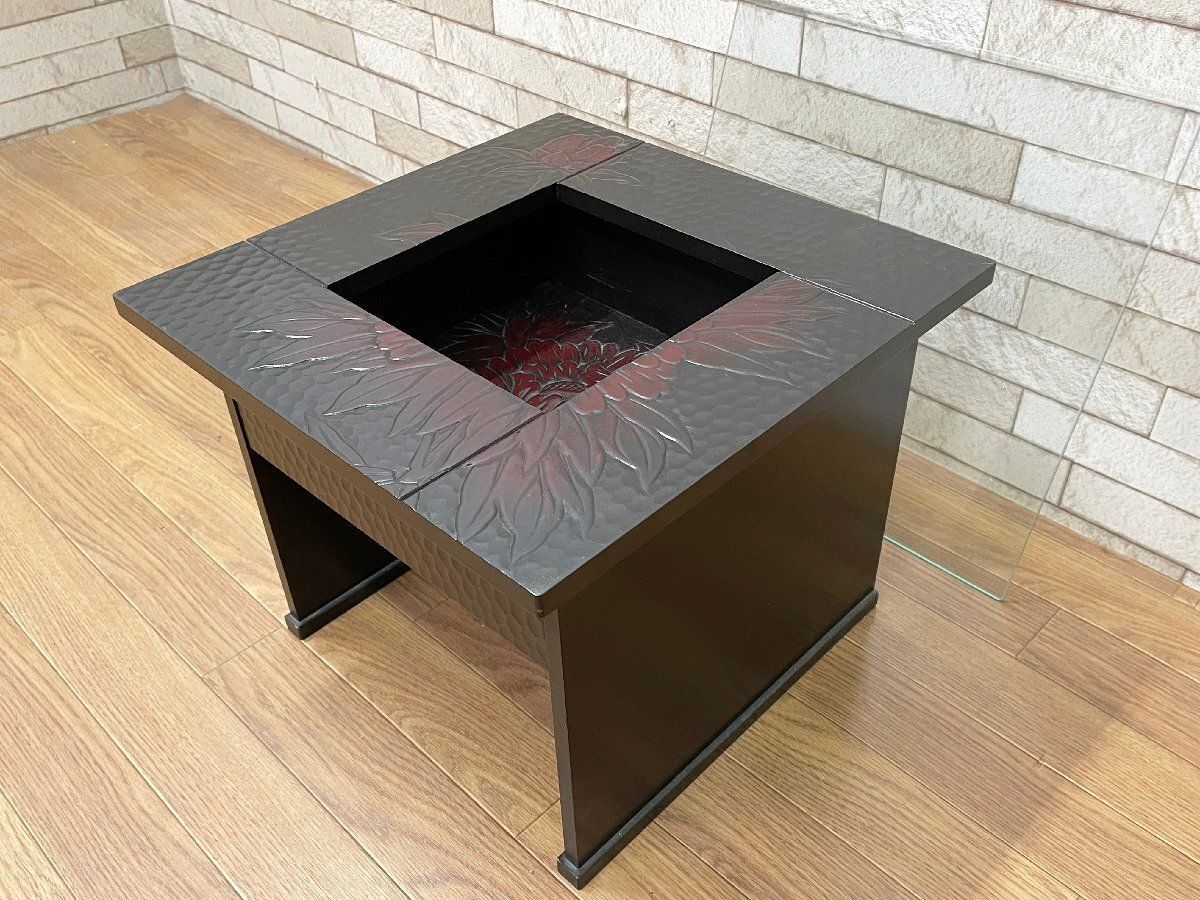 ●鎌倉彫 引き出し付きミニテーブル サイドテーブル 座敷机 ちゃぶ台 木彫り 牡丹 和モダン 和家具 伝統工芸品 畑1222