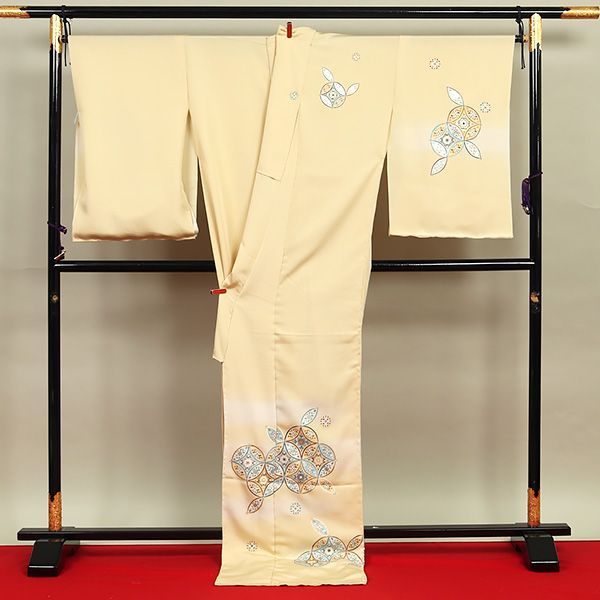 eha 3046 白木染匠 手描友禅 訪問着 七宝 クリームイエロー お仕立て付き １ヶ月半～２ヶ月で発送
