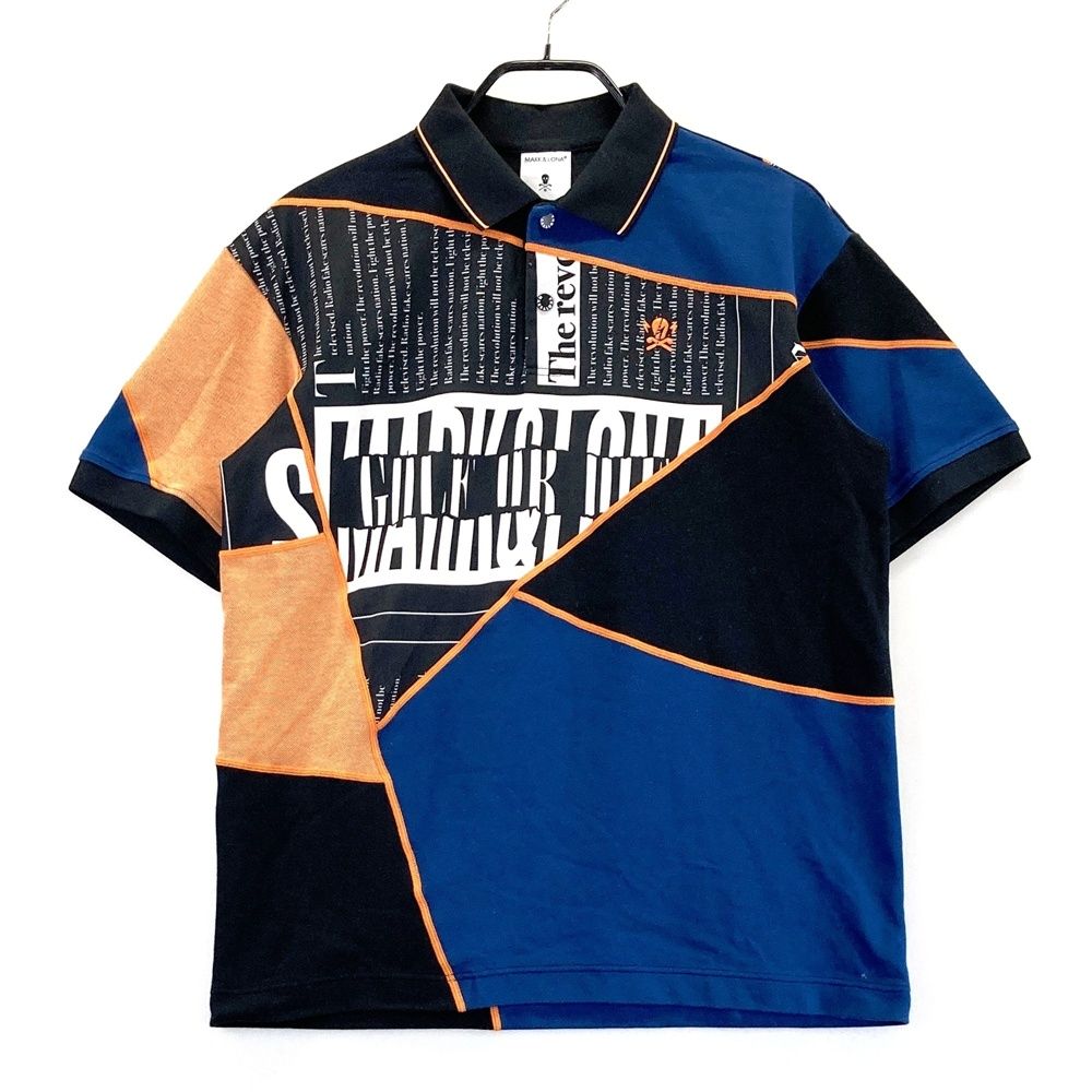 サイズ 46 MARK-LONA マークアンドロナ デザイン切替 半袖ポロシャツ 総柄 ネイビー系 ゴルフウェア メンズ ストスト