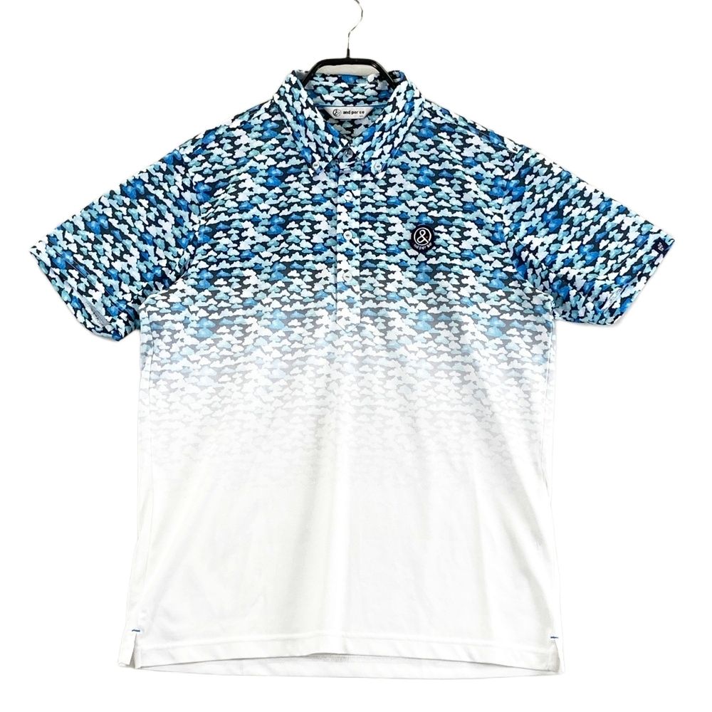 サイズ LL AND PER SE アンパスィ 半袖ポロシャツ ボタンダウン グラデーション 総柄 ブルー系 ゴルフウェア メンズ ストスト