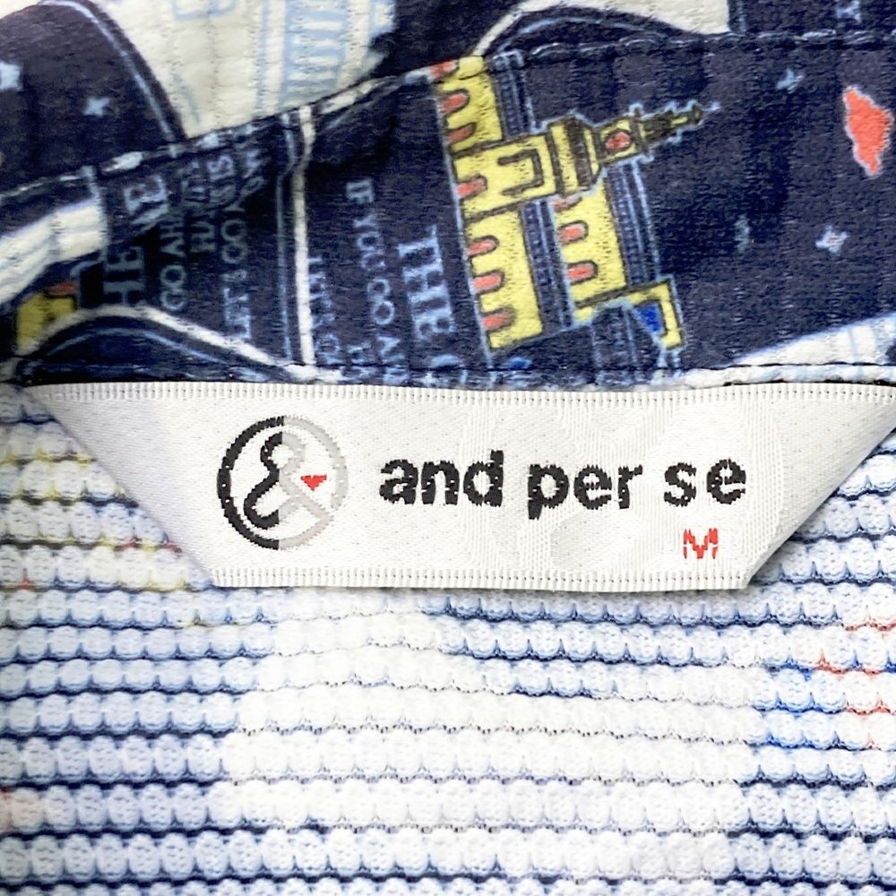 サイズ：M AND PER SE アンパスィ 半袖ポロシャツ 総柄 ネイビー系