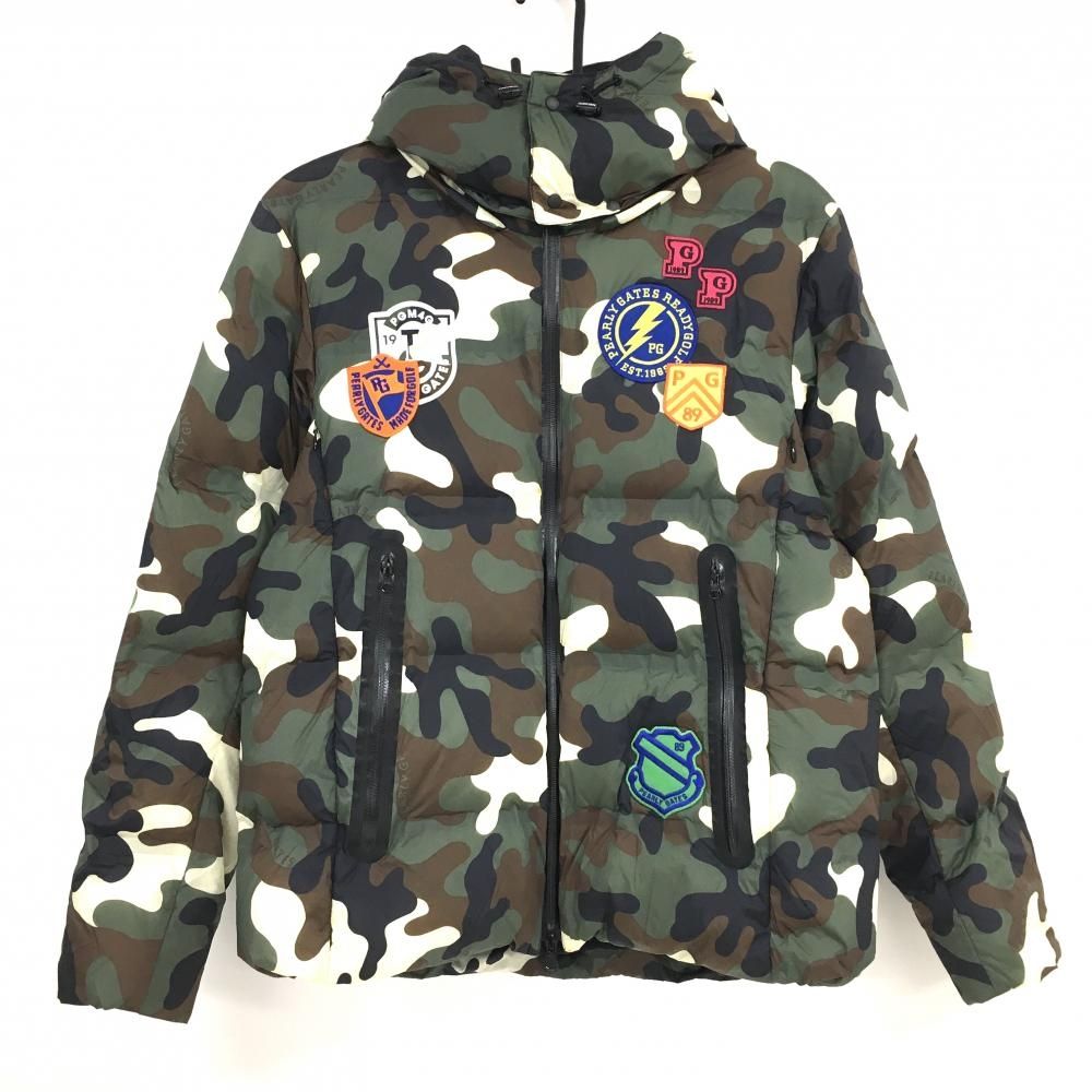 パーリーゲイツ ダウンジャケット ダークグレー×ブラウン×黒 カモフラ 迷彩 フード取外し可 メンズ 4 M ゴルフウェア PEARLY GATES