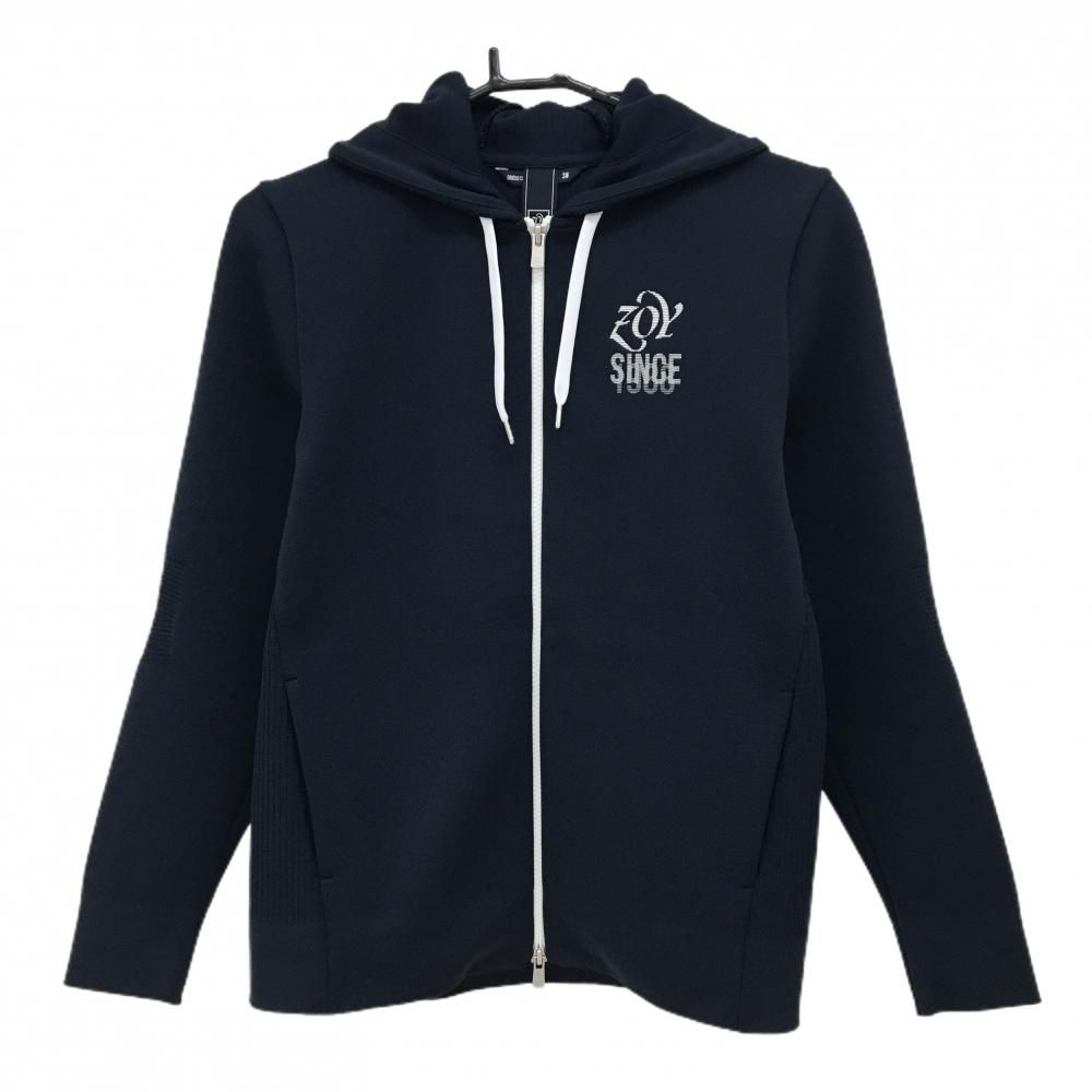【超美品】ゾーイ ニットジップパーカー ダークネイビー ロゴ白 レディース 38(M) ゴルフウェア ZOY