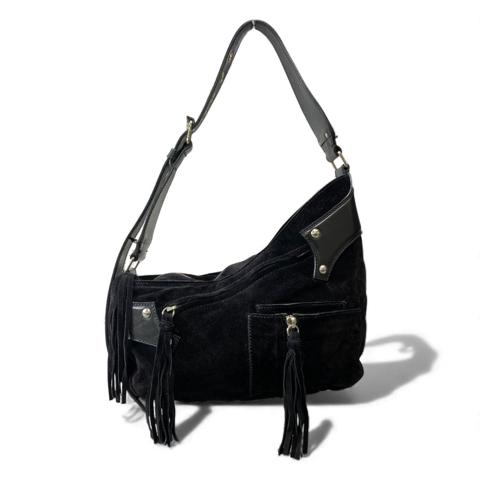 AL 10 Helmut Lang ヘルムートラング Archive Black Suede leather oneshoulder bag fringe detail unisex アーカイブk 02 i