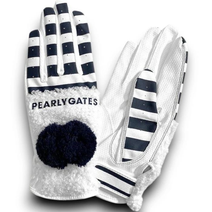 PEARLY GATES パーリーゲイツ ゴルフ カラフルロゴ刺繍 ボア Fレザー 異素材コンビ ポンポン付き レザー グローブ 両手用 レディース 053 2285104 定価1 2万 ホワイト ブラック 013 51127 w 06