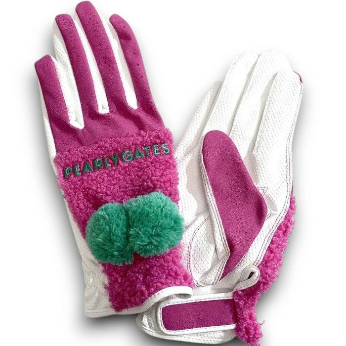 PEARLY GATES パーリーゲイツ ゴルフ カラフルロゴ刺繍 ボア×Fレザー 異素材コンビ ポンポン付き レザー グローブ 両手用 レディース 053-2285104 定価1.2万 ピンク ホワイト 013 51127 w 07