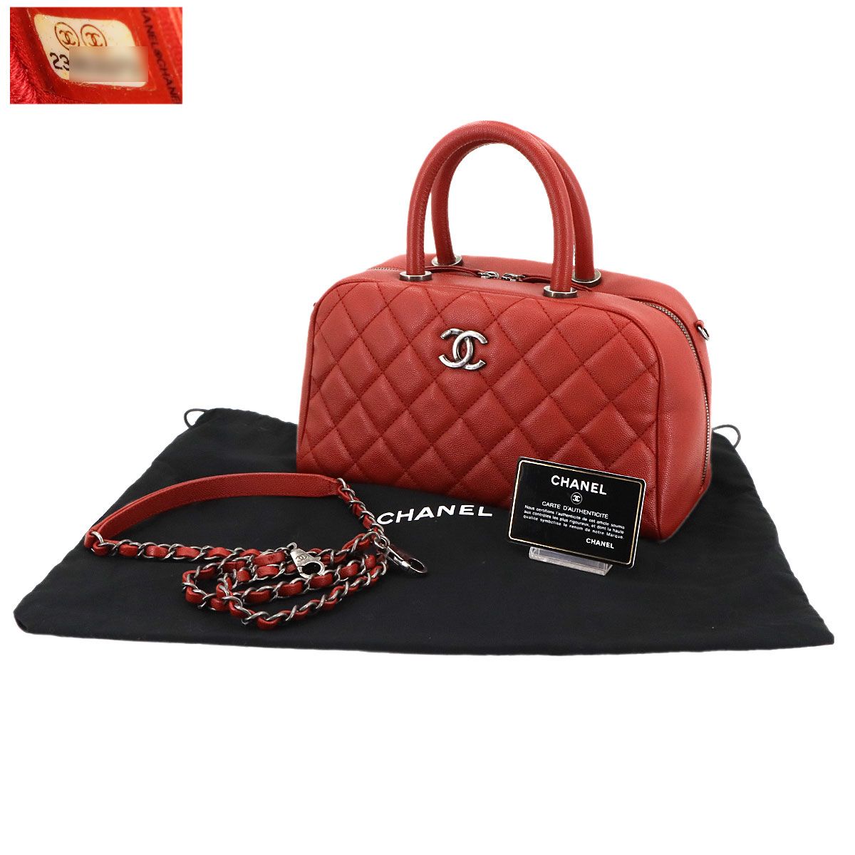 シャネル CHANEL マトラッセ ミニ ボストン 2 way ハンド ショルダー バッグ キャビアスキン レッド シルバー 金具