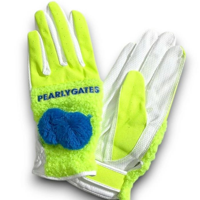 PEARLY GATES パーリーゲイツ ゴルフ カラフルロゴ刺繍 ボア Fレザー 異素材コンビ ポンポン付き レザー グローブ 両手用 レディース 053 2285104 定価1 2万 ライムイエロー ホワイト 013 51127 w 08