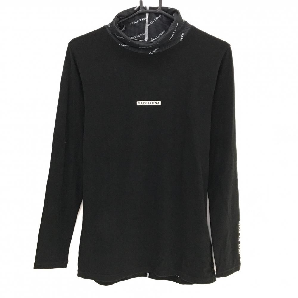 マークアンドロナ 長袖タートルネックシャツ 黒×白 ネック斜めロゴ総柄 微起毛素材 メンズ 48 L ゴルフウェア MARK＆LONA
