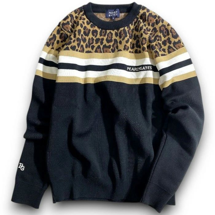 パーリーゲイツ ゴルフ 日本製 ライン切替 レオパード柄 ヒョウ柄 クルーネック 丸首 長袖 ニットプルオーバー セーター ゴルフウェア レディース 055-2270008 定価3.7万 ブラック ブラウンベージュ ホワイト ▲041 51001 w 09