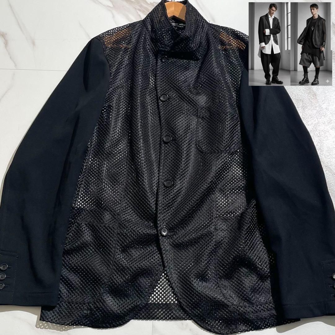 ♥に近い COMME des GARCONS HOMME DEUX コムデギャルソンオムドゥ 2025 SS メッシュ ウールギャバジン ドッキング 切り替え テーラードジャケット スタンドカラージャケット ブラック 黒 Mサイズ メンズ 近年モデル