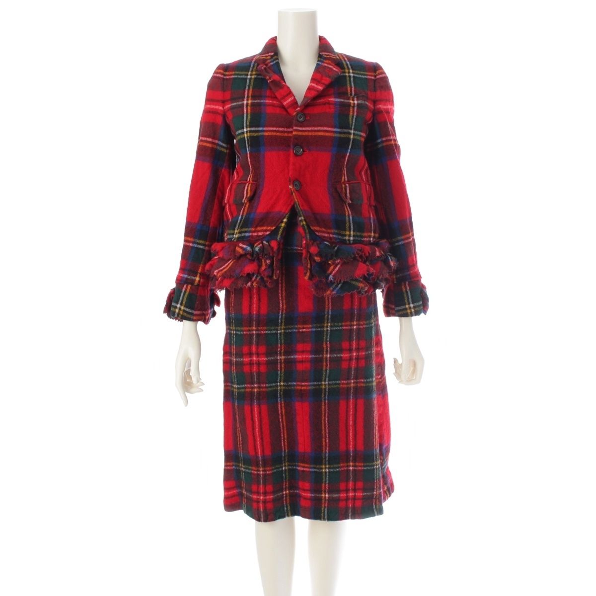 コムデギャルソン AD 2000 縮絨 ウール タータンチェック フリルデザイン 変形 ジャケット スカートセットアップ GS 04010 S レッド