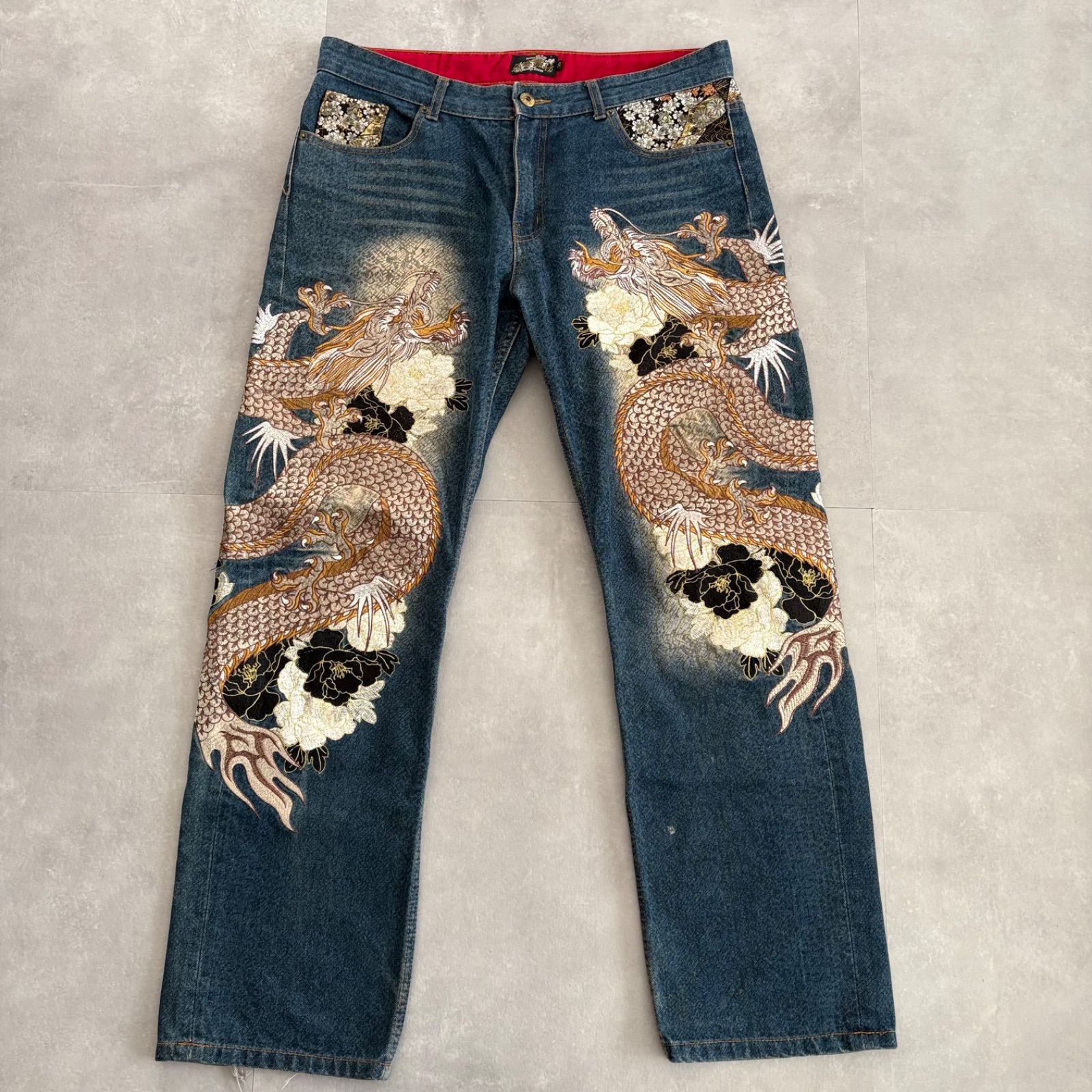 仏喜羅坊 和柄デニム ジーンズ 龍刺繍 ドラゴン パイソン柄 双龍