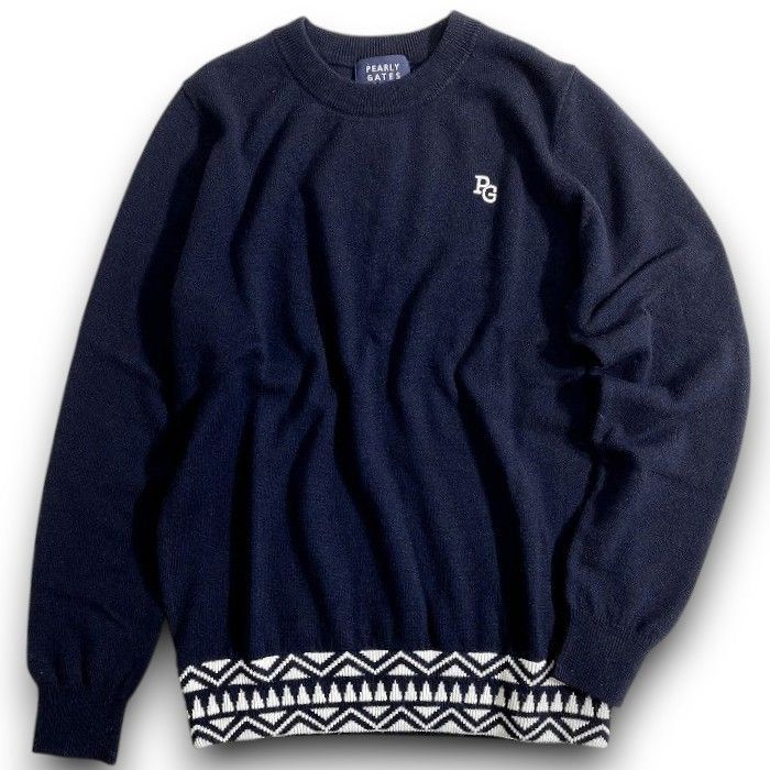 PEARLY GATES パーリーゲイツ ゴルフ ウール100％ 裾リブパターン クルーネック 丸首 長袖 ニット セーター プルオーバー ゴルフウェア レディース 055-2270106 定価3万 ダークネイビー 034 51013 w 05