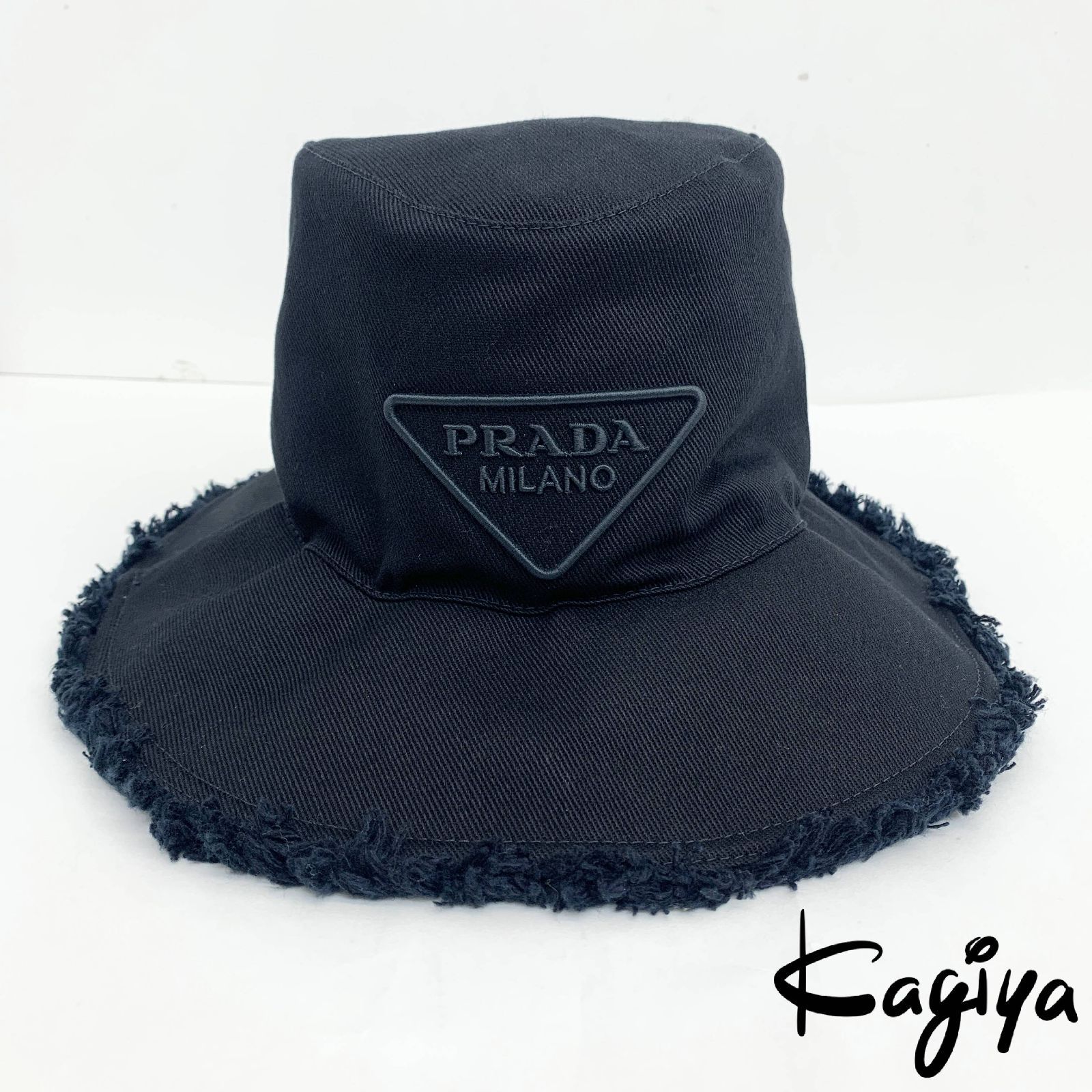 PRADA プラダ ハット L サイズ ドリル 1 HC 145 コットン ブラック 黒 メンズ レディース Drill hat トライアングル ロゴ フリンジ