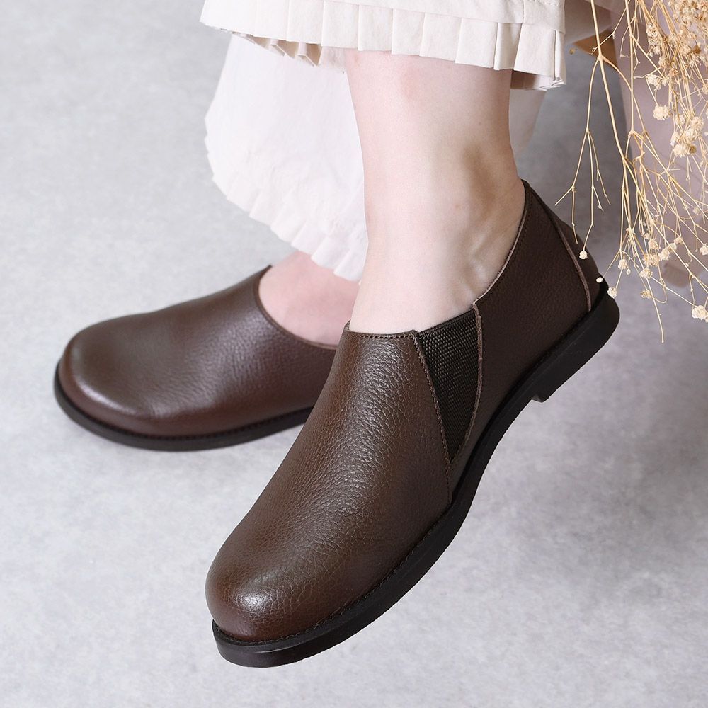 ブラウン スリッポン レディース 本革 フラットシューズ ローヒール ぺたんこ 痛くない 柔らかい 長時間 疲れない 歩きやすい 走れる おしゃれ きれいめ レザー サイドゴア 日本製 大きいサイズ 軽量 仕事用 通勤 立ち仕事 フォーマル