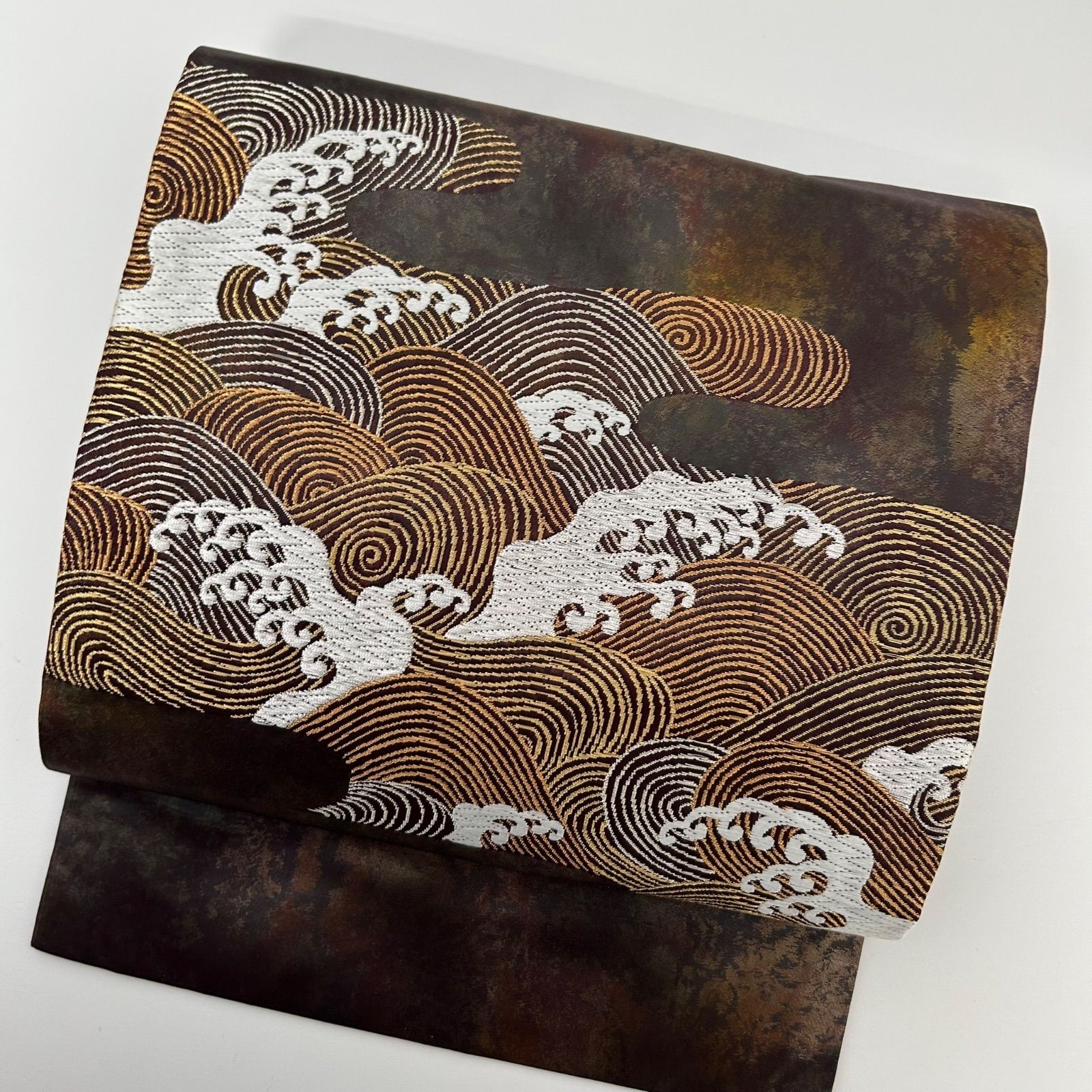 名古屋帯 唐織 荒波 引箔 素敵な織り出し 九寸 正絹 着物 MA-2264