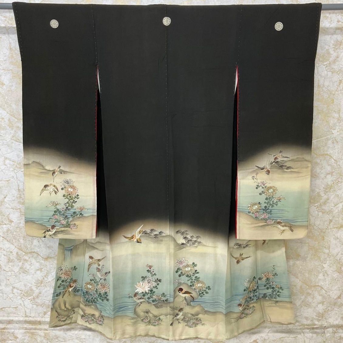 kimomo one kimonoarisa 厳選 古布 江戸縮緬の祝着 刺繍 雀 振袖 正絹 広襟 五つ紋 袷 ふき綿仕立て 裄62.5肩丈148.5 着物帯振袖袋帯