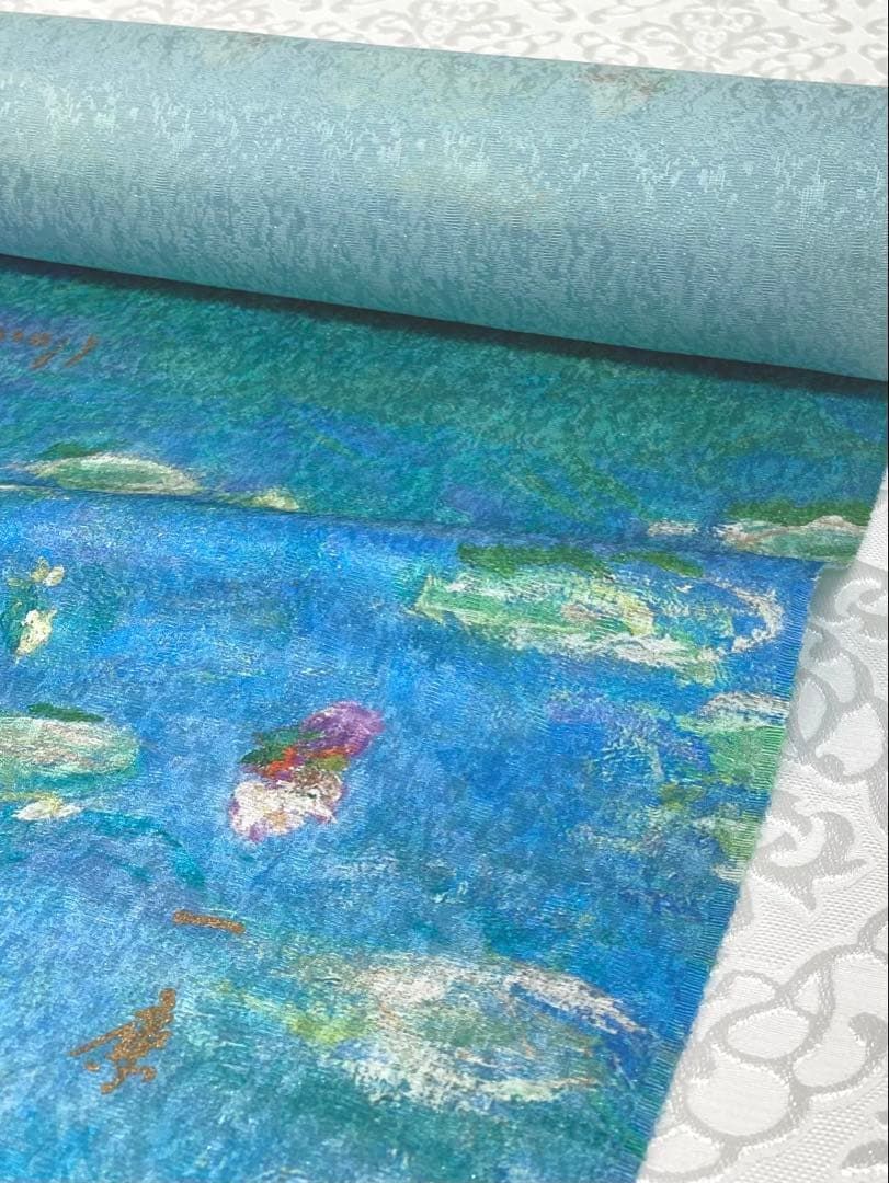 特選 吉野一廉×モネ 睡蓮 銀通し 小紋 反物 正絹 着尺 落款入 作家物