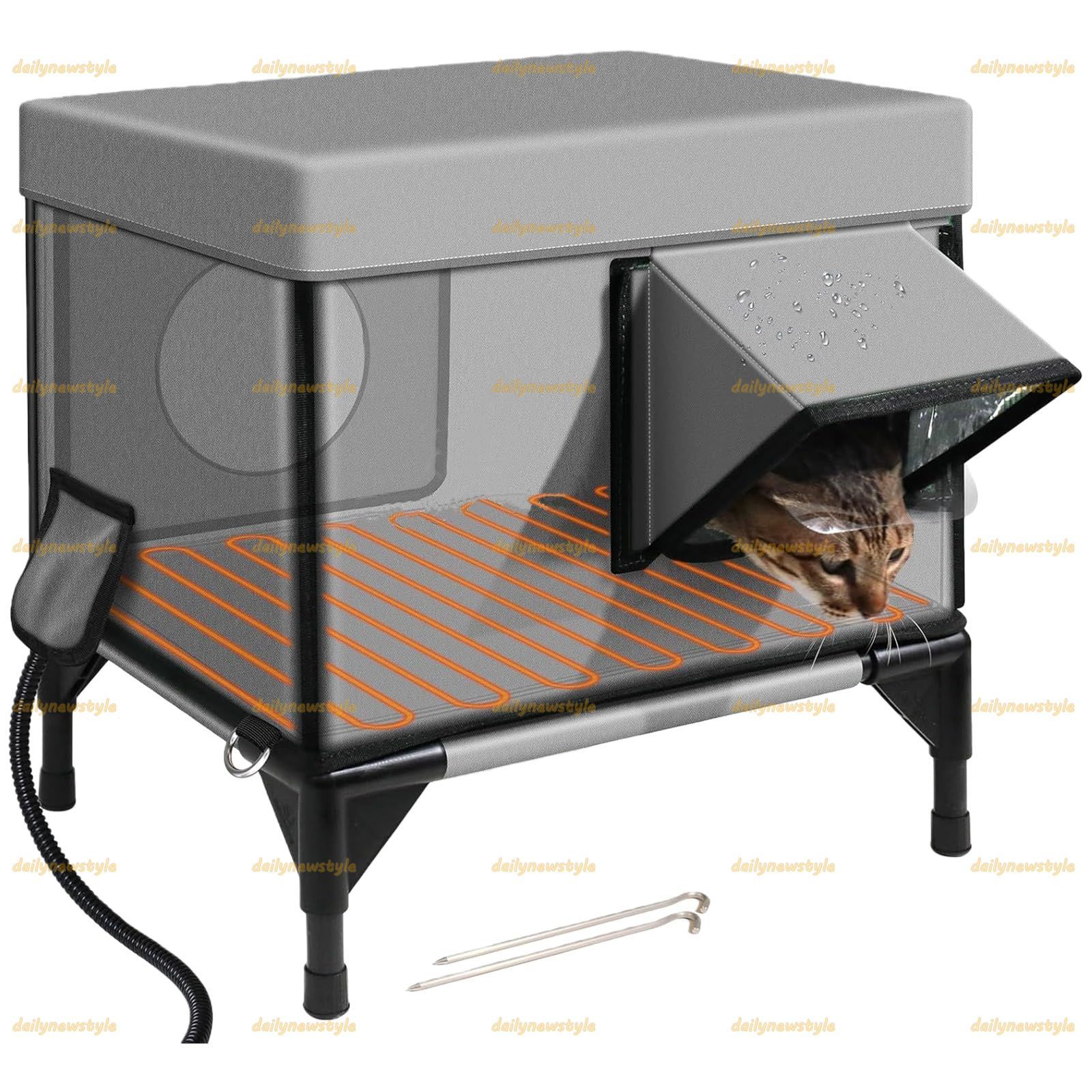 電気暖房付き屋外用キャットハウス 冬用保護 噛みつき防止ホース 防風 防雨 安全で暖かいペットシェルター 防水オックスフォード布素材 強力な耐荷重 寒い天候の猫や子猫に最適