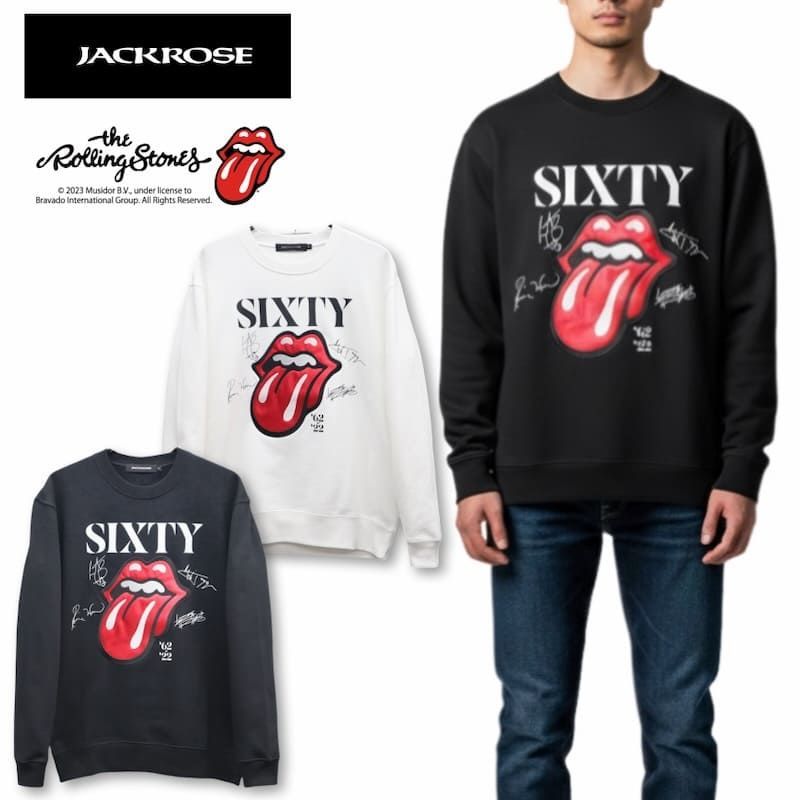 メンズ THE ROLLING STONES ローリングストーンズ JACKROSE ジャックローズ コラボ スウェットトレーナー トップス 裏毛 刺繍 リップスアンドタン LIPS＆TAN ベロ 舌 ユニセックス レディース 白 ホワイト 黒 ブラック