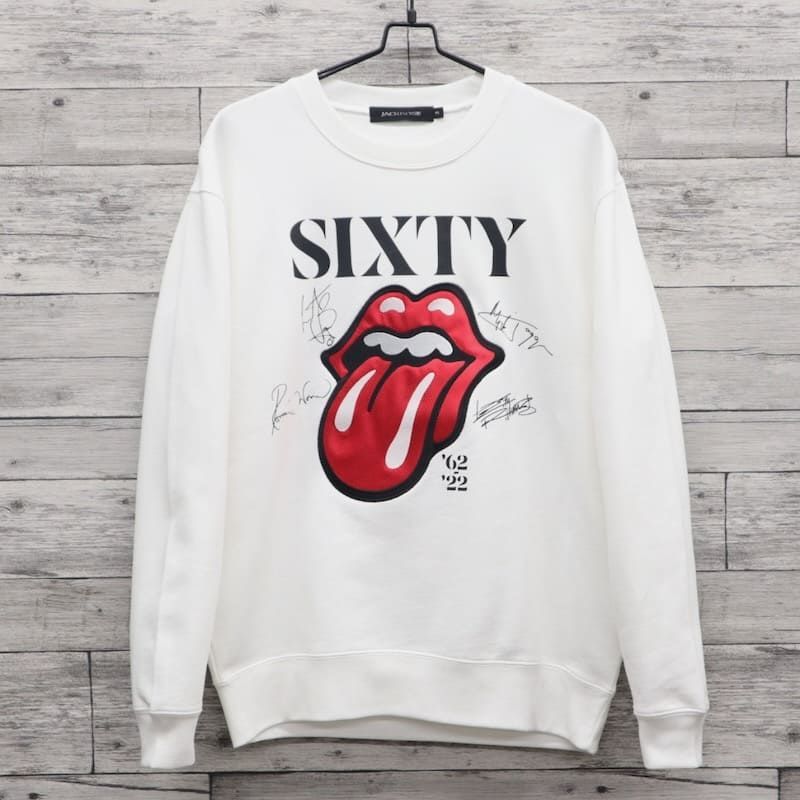 メンズ THE ROLLING STONES ローリングストーンズ JACKROSE ジャックローズ コラボ スウェットトレーナー トップス 裏毛 刺繍 リップスアンドタン LIPS＆TAN ベロ 舌 ユニセックス レディース 白 ホワイト 黒 ブラック