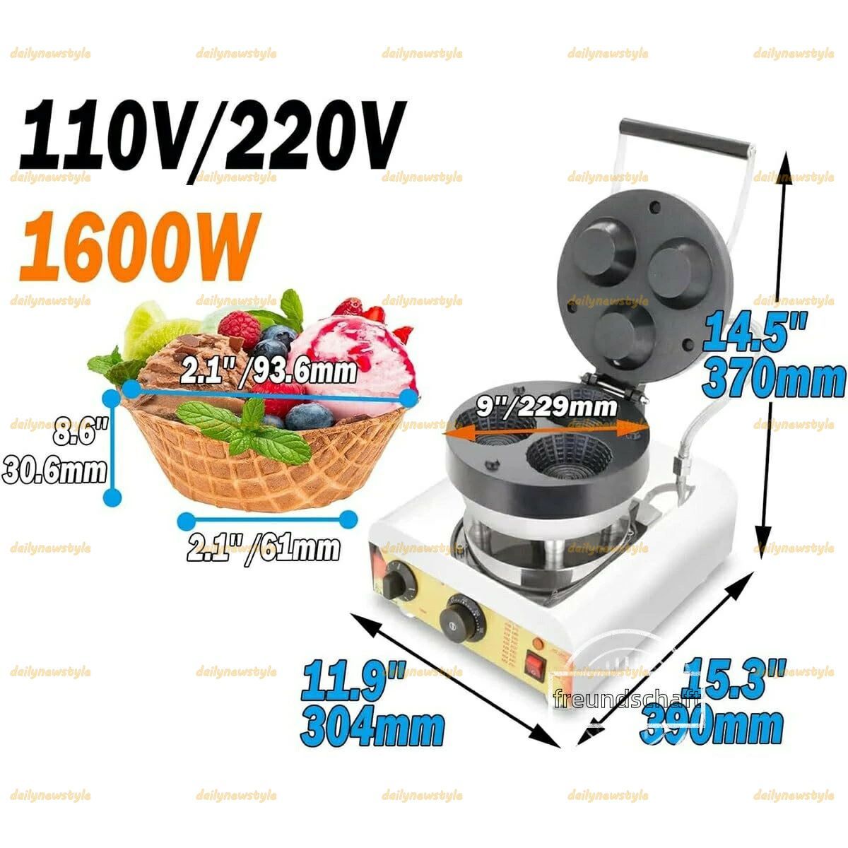 推薦 業務用電気ワッフルコーンメーカー 1600 W 温度調節 ノンスティック加工 アイスクリーム入りバーガーや家庭用キッチンに最適