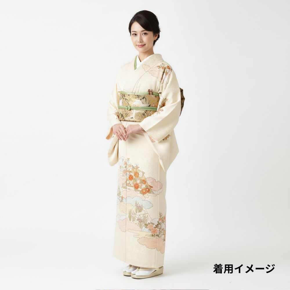 訪問着 袷 正絹 リユース 藤井寛 友禅 雲取りに四季花 K 10-003-6 8050-00566
