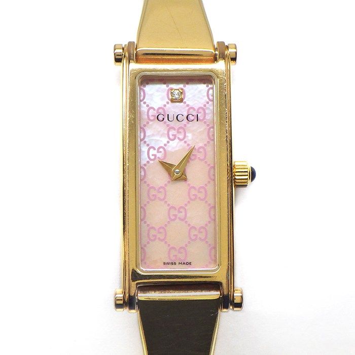 グッチ GUCCI 腕時計 バングルウォッチ 1500 L 1ポイント ダイヤインデックス レクタンギュラー GG柄 ピンクシェル文字盤 GP クオーツアナログ