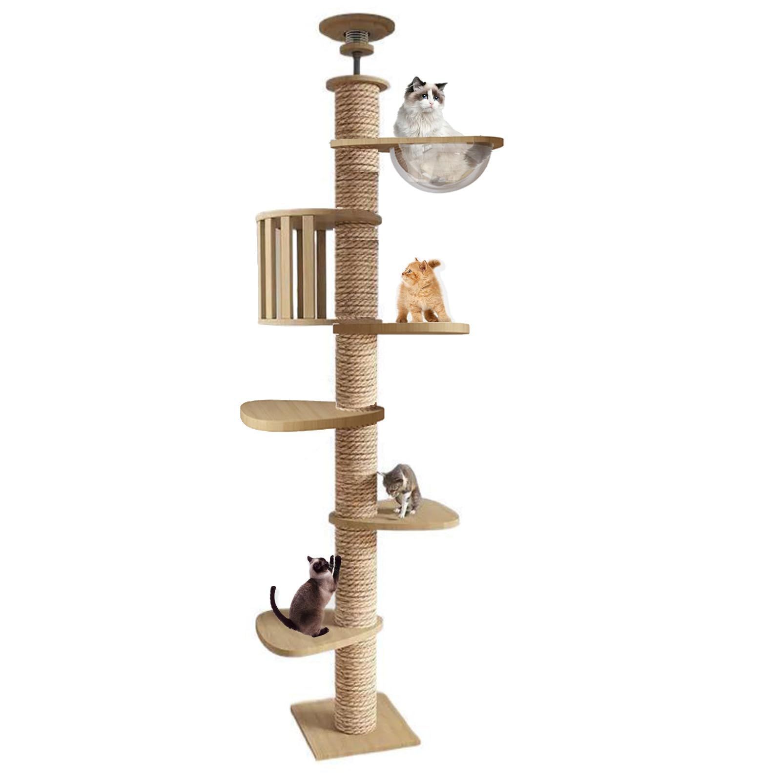 キャットタワーキャットタワー 突っ張りタイプ木製スリム大型猫用タワーキャット木登りタワー