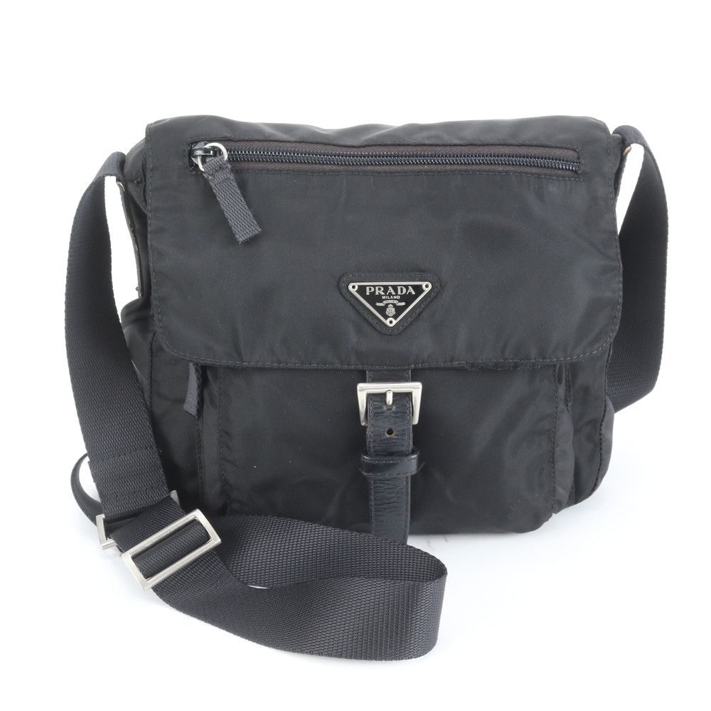 プラダ テスート ナイロン トライアングルロゴ レザー ショルダーバッグ 斜め掛け メッセンジャー ブラック メンズ CEM DB 22-4