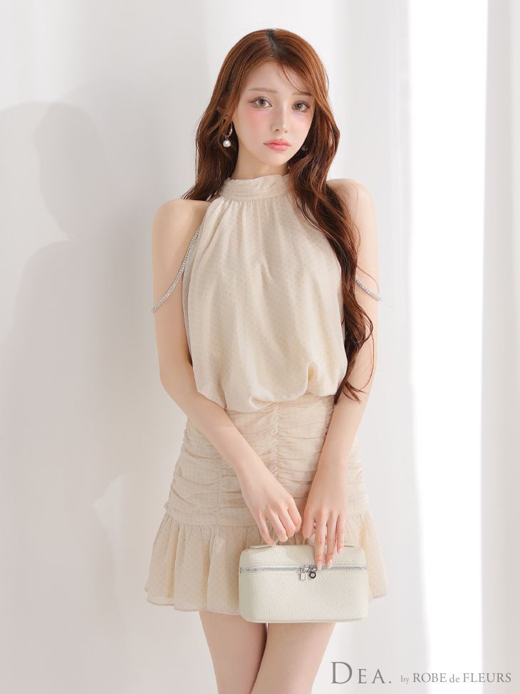 アイボリー DE 3392 DEA. by ROBE FLEURS ディアバイローブドフルール ドット シフォン ビジュー ハイネック アメスリ マーメイド フ セットアップ ミニドレス キャバドレス ワンピース