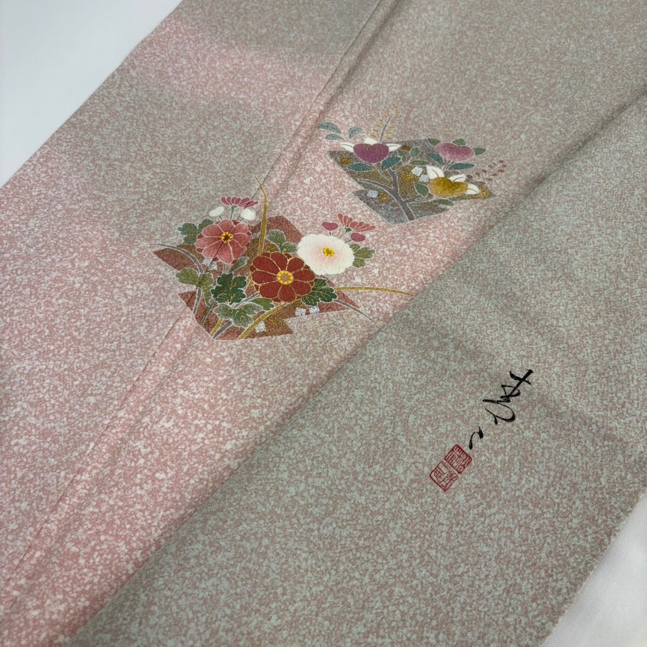 松井青々 訪問着 落款入 金彩 叩き染 紋意匠 桜尽くし 正絹 パール