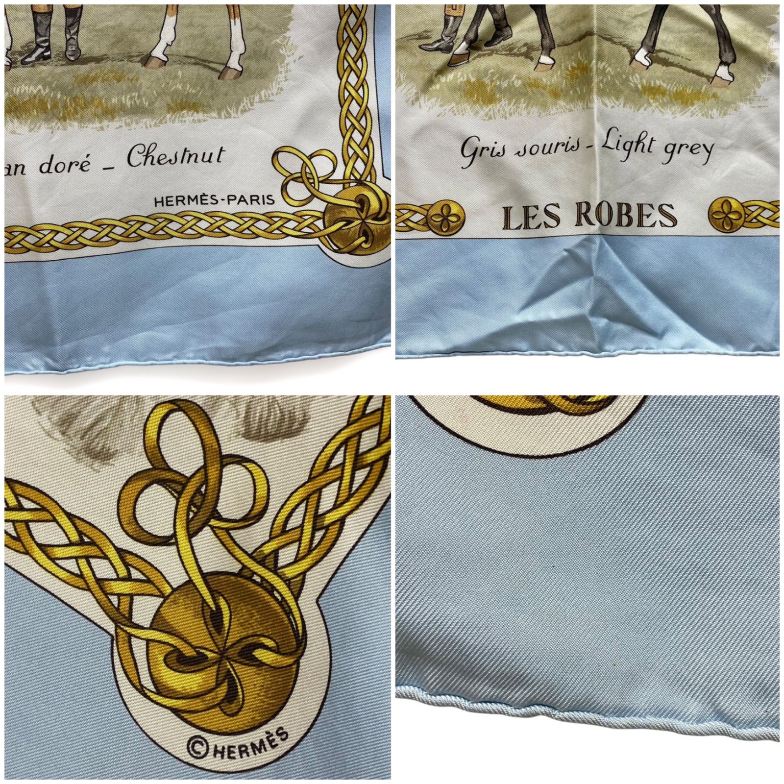 エルメス カレ90 LES ROBES シルクスカーフ 馬の毛色 水色 HERMES