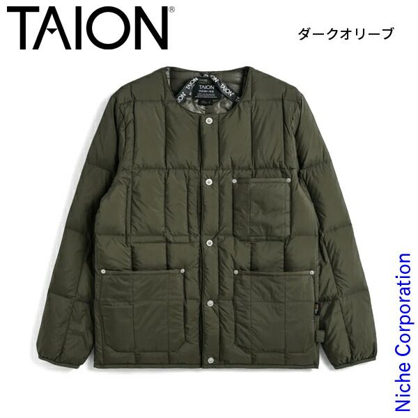 タイオン ワーク クルーネック ダウンジャケット TAION-104 BWK DOLV ダークオリーブ M