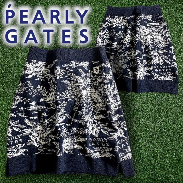 PEARLY GATES パーリーゲイツ ゴルフ ウォームコットン リブ切替 花柄 ストレッチ ミニスカート ニットスカート ゴルフウェア レディース 055-2234918 定価3.5万 ネイビーブラック ホワイト 039 50507 w 03