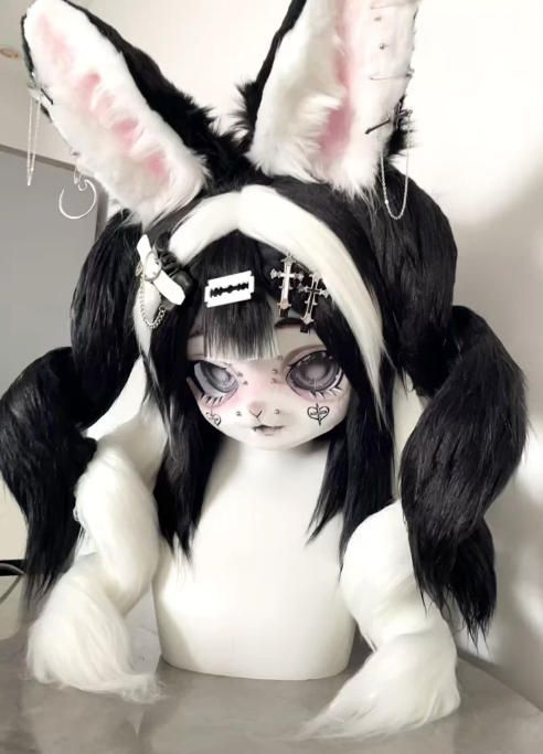着ぐるみヘッド kigurumi NO.197 うさぎ 黒白 ファースーツ 全頭ヘッド ケモノ マスク ぬいぐるみ コスプレ コスチューム 一点物