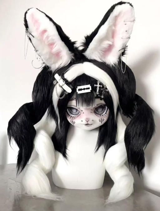 着ぐるみヘッド kigurumi NO.197 うさぎ 黒白 ファースーツ 全頭ヘッド ケモノ マスク ぬいぐるみ コスプレ コスチューム