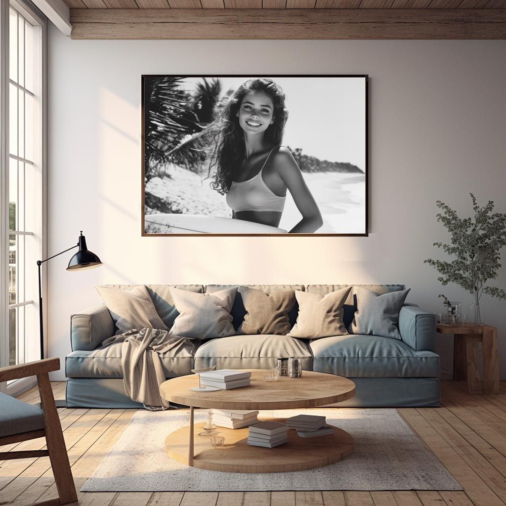 A1サイズ（約59x84cm）】【lh-poster-8590】サーフガール モノクロ 海