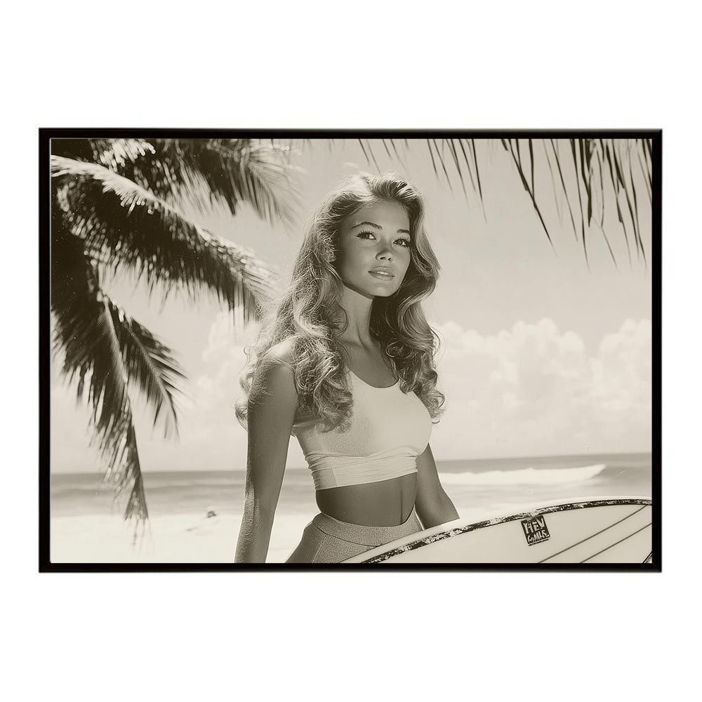 【A2サイズ（約42x59cm）】【lh-poster-8596】サーフガール モノクロ 海 サーフィン サーフボード 美女 1980s レトロ セピア ポスター インテリア フォト アート 写真 ビーチ 海岸 夏