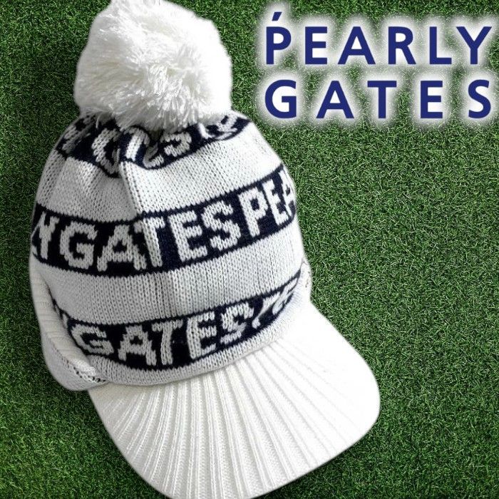 PEARLY GATES パーリーゲイツ ゴルフ ウール混ジャガード ロゴボーダー柄 総柄 ポンポン付き 耳当て ブリムニットワッチ ニット帽 帽子 053 2187005 定価1万 ホワイト ブラック FR 012 51126 w 02