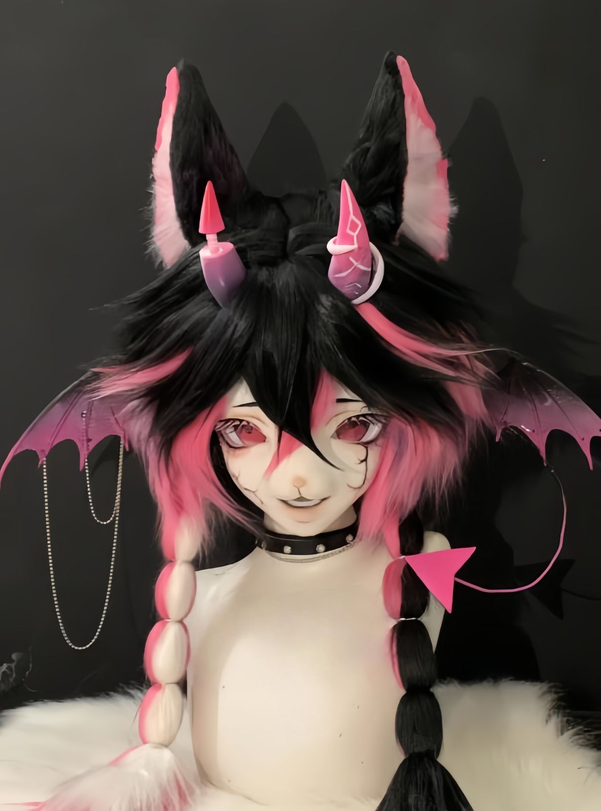 着ぐるみヘッド kigurumi NO.198 キツネ 黒 ピンク ファースーツ 全頭ヘッド ケモノ マスク ぬいぐるみ コスプレ コスチューム 一点物