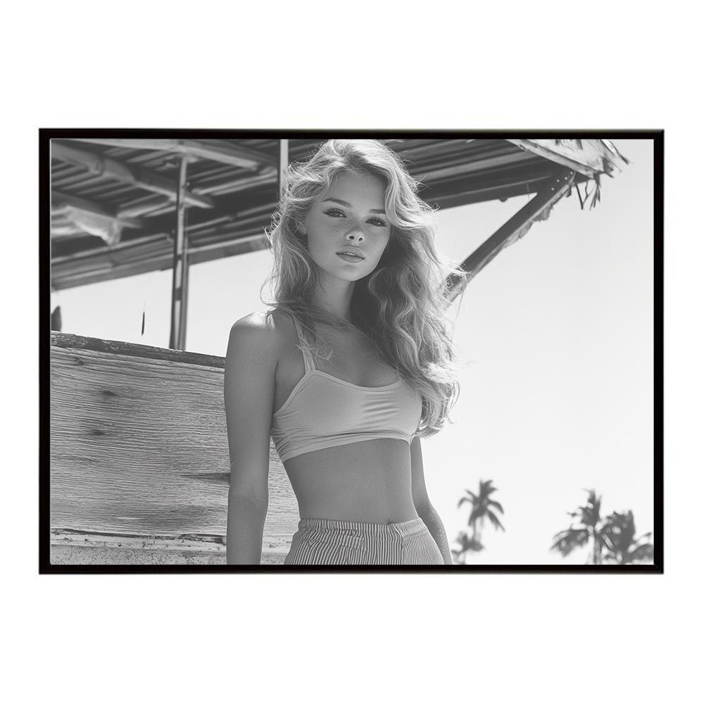 【A2サイズ（約42x59cm）】【lh-poster-8626】サーフガール モノクロ 海 サーフィン サーフボード 美女 1980s レトロ セピア ポスター インテリア フォト アート 写真 ビーチ 海岸 夏