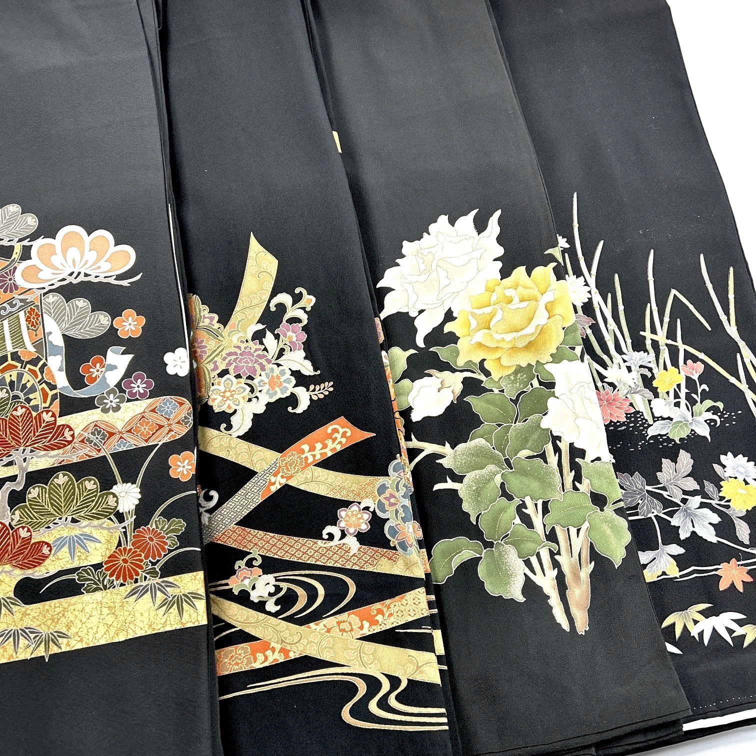 着物まとめ売り　正絹振袖4枚　留袖1枚　着用可　リメイク素材　目立った汚れなし 黒留袖 4枚 正絹 着物まとめ売り 同梱購入歓迎 リメイク用 着付け練習