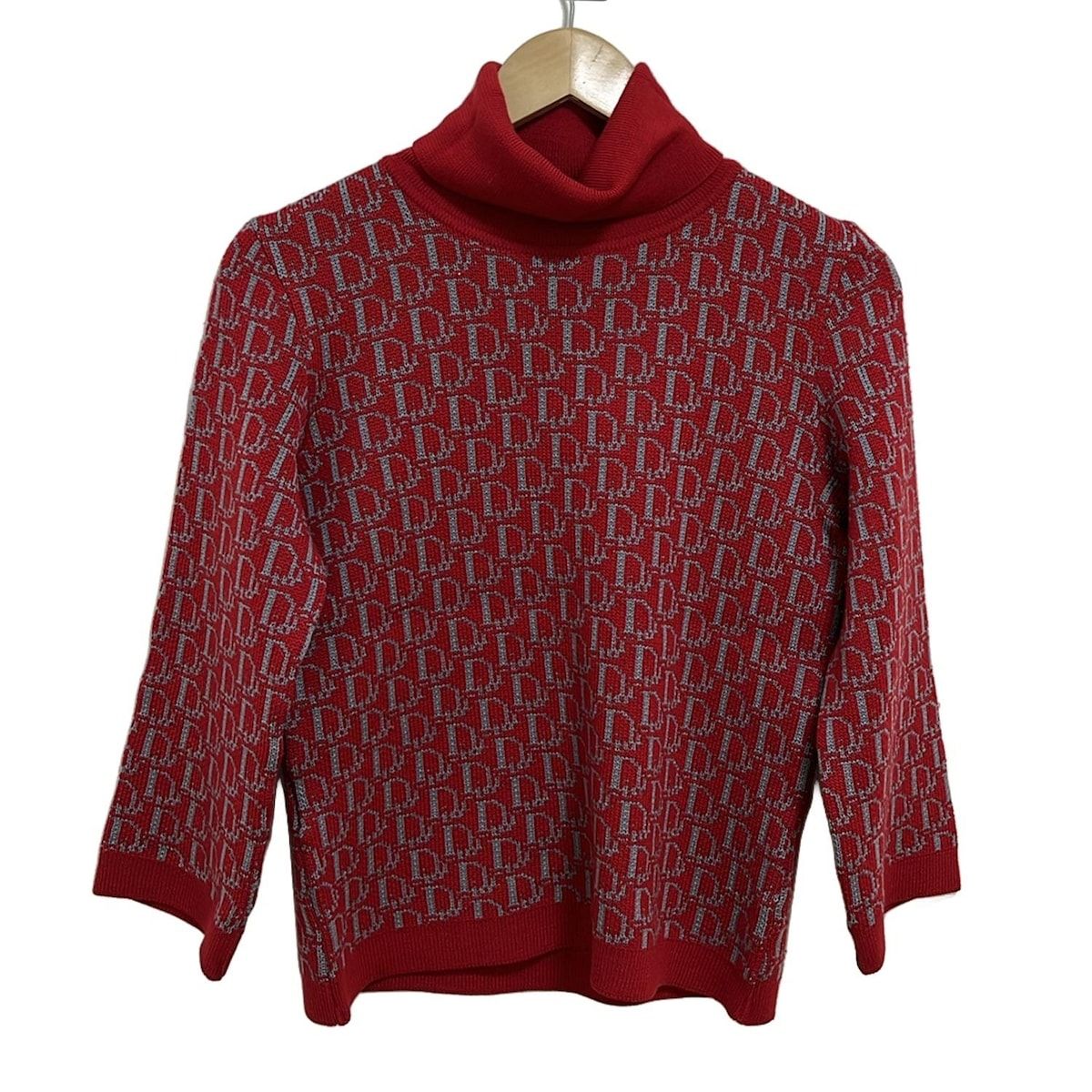 ディオール クリスチャンディオール 長袖セーター サイズM レディース - レッド×ライトグレー タートルネック ロゴグラム