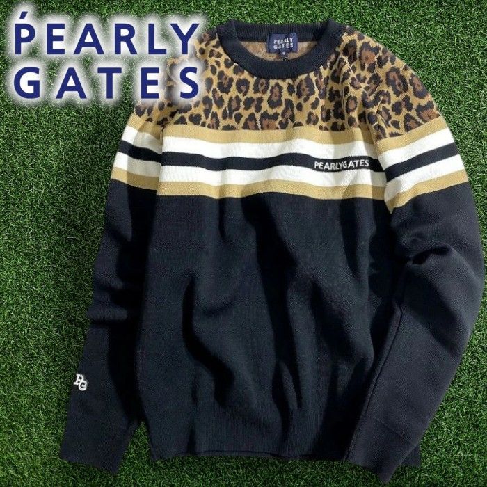 パーリーゲイツ ゴルフ ライン切替 レオパード柄 ヒョウ柄 クルーネック 丸首 長袖 ニットプルオーバー セーター ゴルフウェア レディース 055-2270008 定価3.7万 ブラック ブラウンベージュ ホワイト 041 51001 w 09