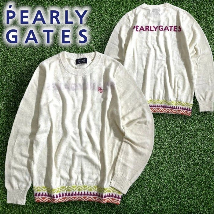 PEARLY GATES パーリーゲイツ ゴルフ ウール100％ 裾リブパターン クルーネック 丸首 長袖 ニット セーター プルオーバー ゴルフウェア レディース 055-2270106 定価3万 オフホワイト 034 51013 w 04